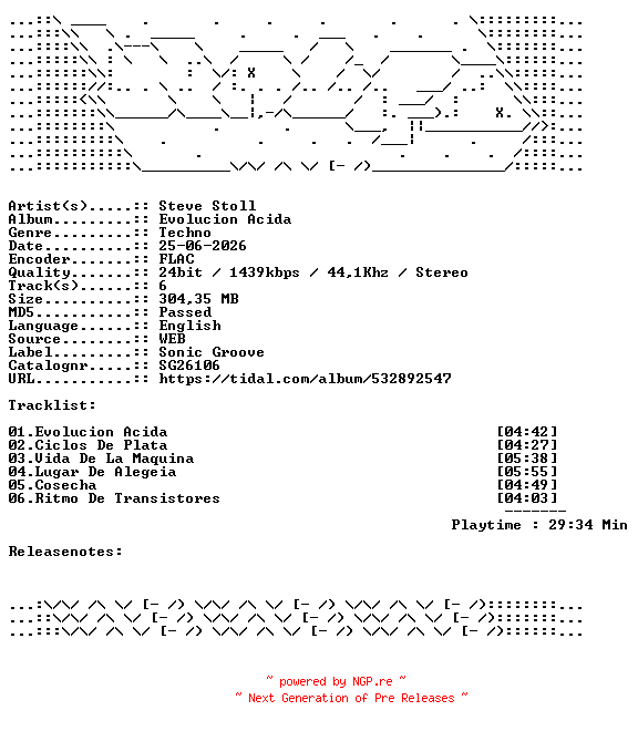 NFO for the release Steve_Stoll-Evolucion_Acida-SG26106-24BIT-WEB-FLAC-2026-WAVED by WAVED