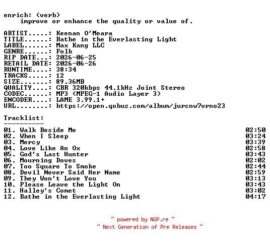 NFO for the release Keenan_OMeara-Bathe_in_the_Everlasting_Light-WEB-2026-ENRiCH by ENRiCH