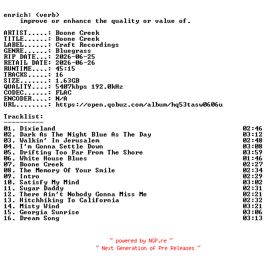 NFO for the release Boone_Creek-Boone_Creek-24BIT-WEB-FLAC-2026-ENRiCH by ENRiCH