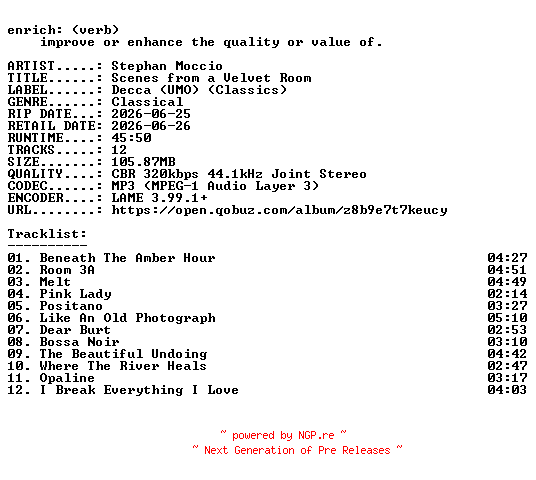 NFO for the release Stephan_Moccio-Scenes_from_a_Velvet_Room-WEB-2026-ENRiCH by ENRiCH