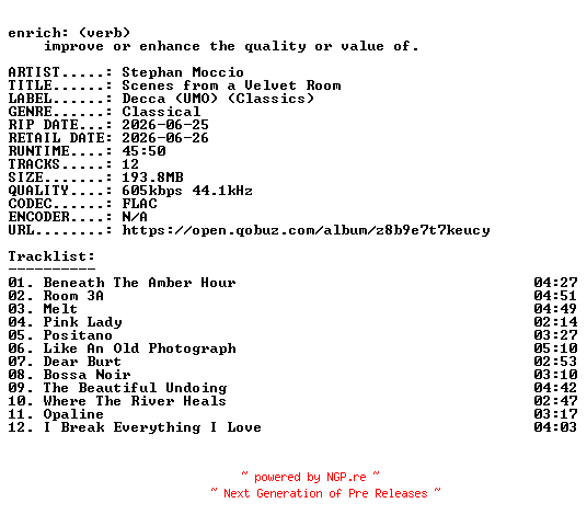 NFO for the release Stephan_Moccio-Scenes_from_a_Velvet_Room-16BIT-WEB-FLAC-2026-ENRiCH by ENRiCH