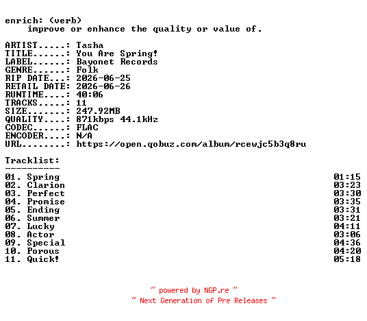 NFO for the release Tasha-You_Are_Spring-16BIT-WEB-FLAC-2026-ENRiCH by ENRiCH