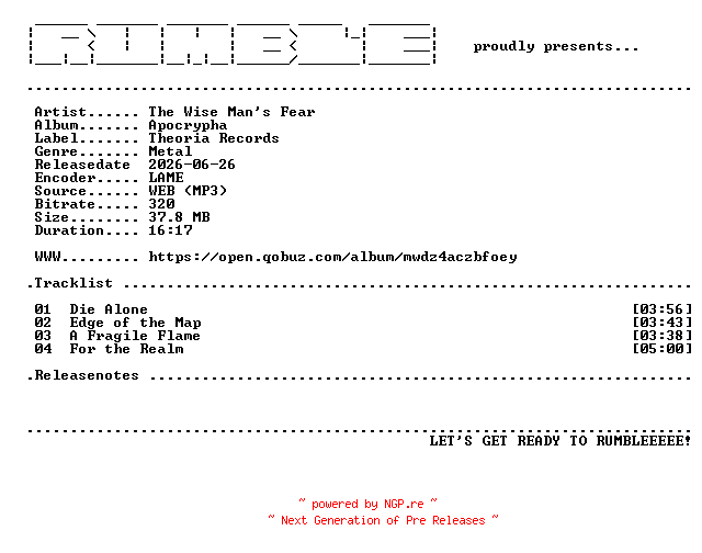 NFO for the release The_Wise_Mans_Fear-Apocrypha-EP-(WEB)-2026-RUMBLE by RUMBLE