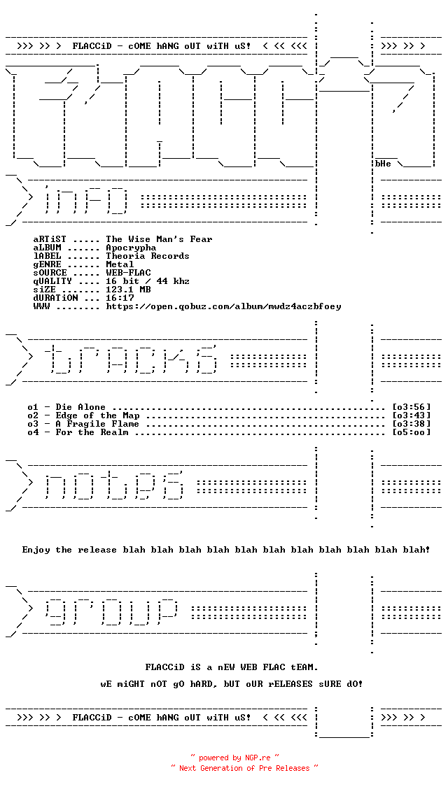 NFO for the release The_Wise_Mans_Fear-Apocrypha-EP-16BIT-WEB-FLAC-2026-FLACCiD by FLACCiD