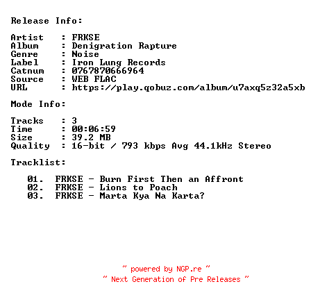 NFO for the release Frkse-Denigration_Rapture-16BIT-44KHZ-WEB-FLAC-2018-CBR by CBR