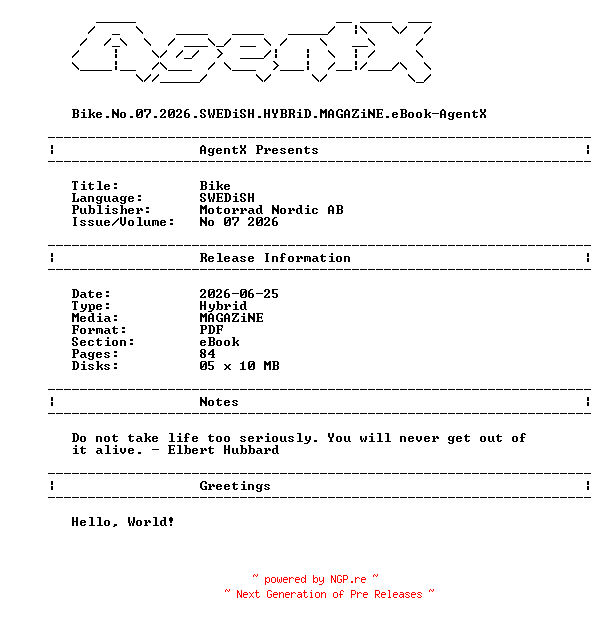 NFO for the release Bike.No.07.2026.SWEDiSH.HYBRiD.MAGAZiNE.eBook-AgentX by AgentX