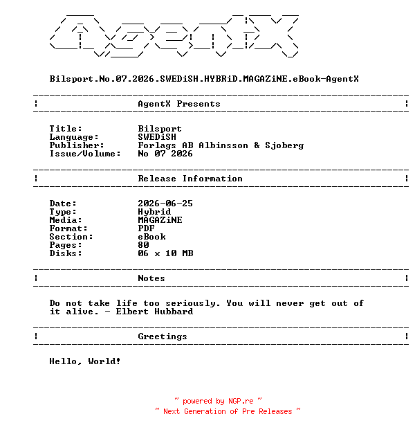 NFO for the release Bilsport.No.07.2026.SWEDiSH.HYBRiD.MAGAZiNE.eBook-AgentX by AgentX