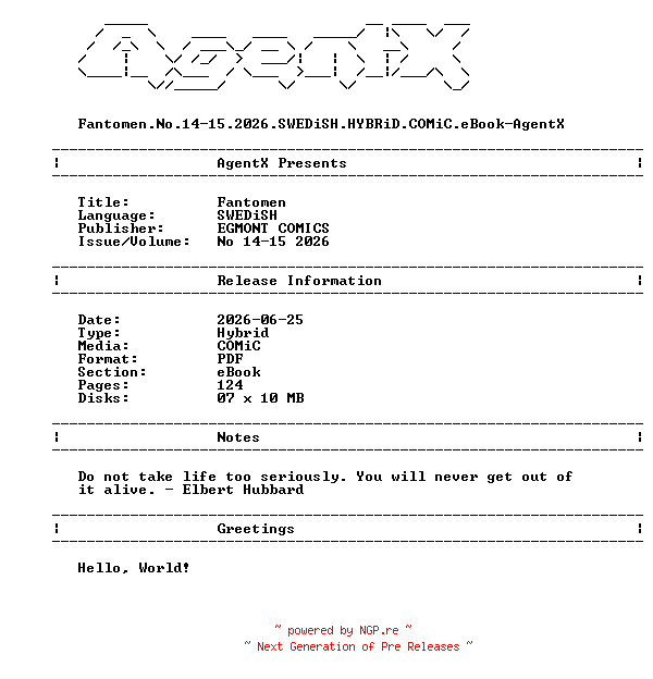 NFO for the release Fantomen.No.14-15.2026.SWEDiSH.HYBRiD.COMiC.eBook-AgentX by AgentX