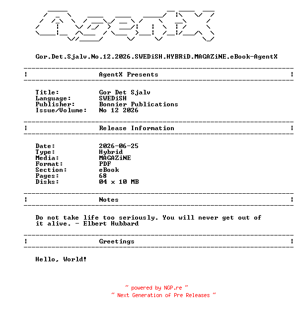 NFO for the release Gor.Det.Sjalv.No.12.2026.SWEDiSH.HYBRiD.MAGAZiNE.eBook-AgentX by AgentX
