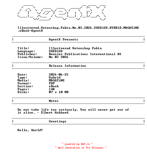 NFO for the release Illustrerad.Vetenskap.Fakta.No.03.2026.SWEDiSH.HYBRiD.MAGAZiNE.eBook-AgentX by AgentX