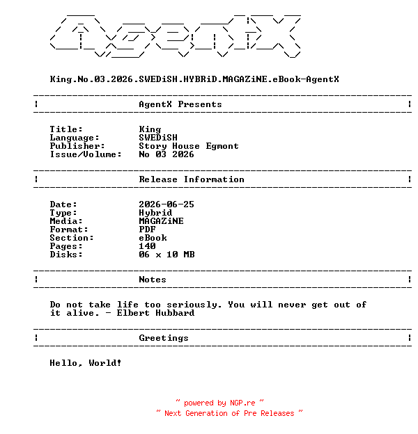 NFO for the release King.No.03.2026.SWEDiSH.HYBRiD.MAGAZiNE.eBook-AgentX by AgentX