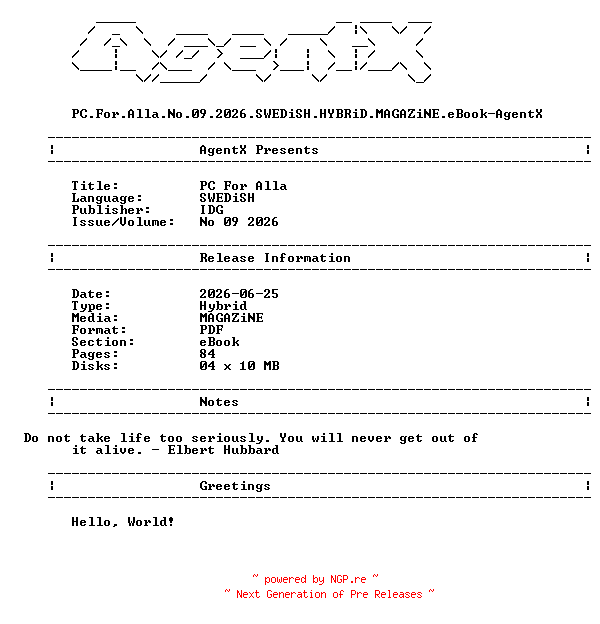 NFO for the release PC.For.Alla.No.09.2026.SWEDiSH.HYBRiD.MAGAZiNE.eBook-AgentX by AgentX