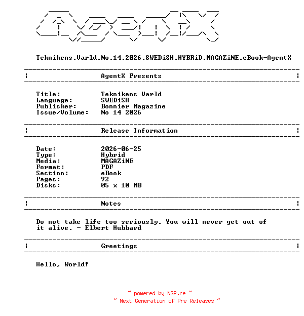 NFO for the release Teknikens.Varld.No.14.2026.SWEDiSH.HYBRiD.MAGAZiNE.eBook-AgentX by AgentX