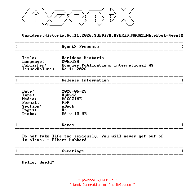NFO for the release Varldens.Historia.No.11.2026.SWEDiSH.HYBRiD.MAGAZiNE.eBook-AgentX by AgentX
