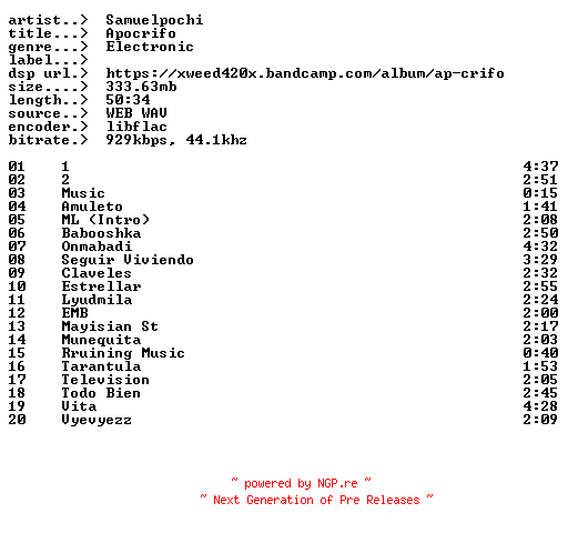 NFO for the release Samuelpochi-Apocrifo-ES-16BIT-WEB-FLAC-2026-EARWORMS by EARWORMS