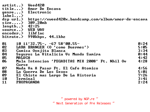 NFO for the release Weed420-Amor_De_Encava-ES-16BIT-WEB-FLAC-2025-EARWORMS by EARWORMS