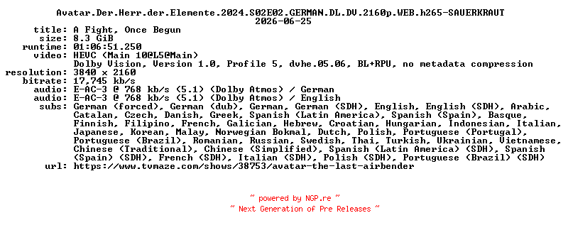 NFO for the release Avatar.Der.Herr.der.Elemente.2024.S02E02.GERMAN.DL.DV.2160p.WEB.h265-SAUERKRAUT by SAUERKRAUT