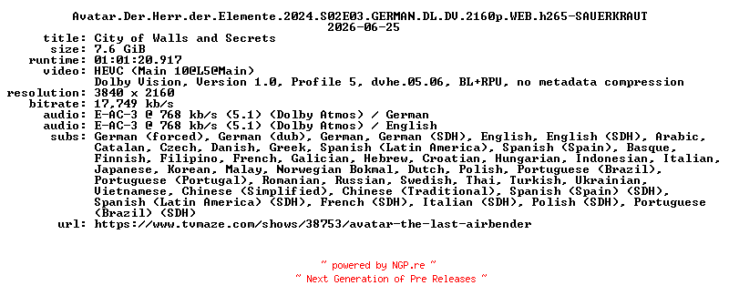 NFO for the release Avatar.Der.Herr.der.Elemente.2024.S02E03.GERMAN.DL.DV.2160p.WEB.h265-SAUERKRAUT by SAUERKRAUT