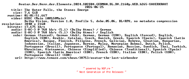 NFO for the release Avatar.Der.Herr.der.Elemente.2024.S02E04.GERMAN.DL.DV.2160p.WEB.h265-SAUERKRAUT by SAUERKRAUT