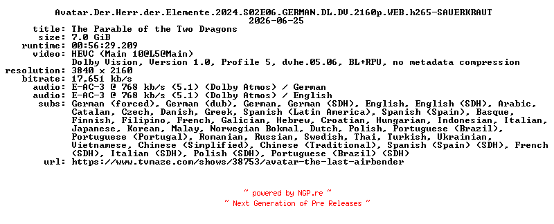 NFO for the release Avatar.Der.Herr.der.Elemente.2024.S02E06.GERMAN.DL.DV.2160p.WEB.h265-SAUERKRAUT by SAUERKRAUT