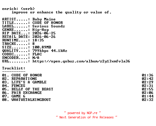 NFO for the release Baby_Maine-CODE_OF_HONOR-EP-16BIT-WEB-FLAC-2026-ENRiCH by ENRiCH