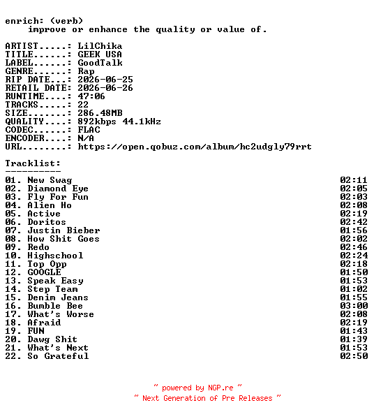 NFO for the release LilChika-GEEK_USA-16BIT-WEB-FLAC-2026-ENRiCH by ENRiCH