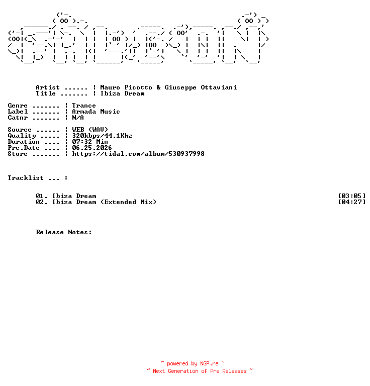 NFO for the release Mauro_Picotto_And_Giuseppe_Ottaviani-Ibiza_Dream-WEB-2026-FALCON by FALCON