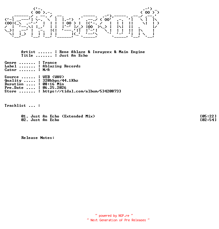 NFO for the release Rene_Ablaze_And_Inrayzex_And_Main_Engine-Just_An_Echo-WEB-2026-FALCON by FALCON