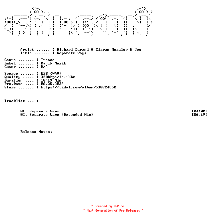 NFO for the release Richard_Durand_And_Ciaran_Mcauley_And_JES-Separate_Ways-WEB-2026-FALCON by FALCON