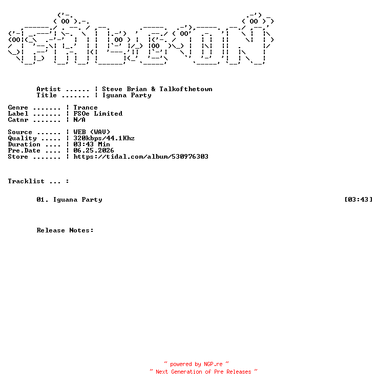 NFO for the release Steve_Brian_And_TALKOFTHETOWN-Iguana_Party-SINGLE-WEB-2026-FALCON by FALCON