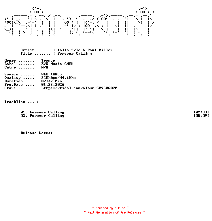 NFO for the release Talla_2XLC_And_Paul_Miller-Forever_Calling-WEB-2026-FALCON by FALCON