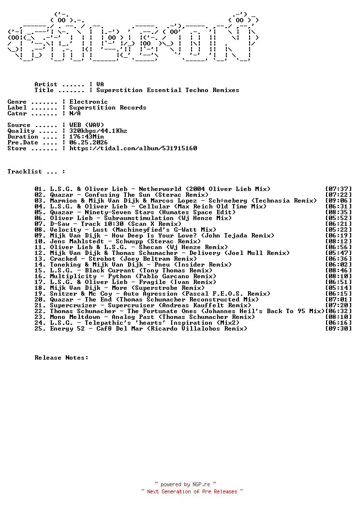 NFO for the release VA-Superstition_Essential_Techno_Remixes-WEB-2026-FALCON by FALCON