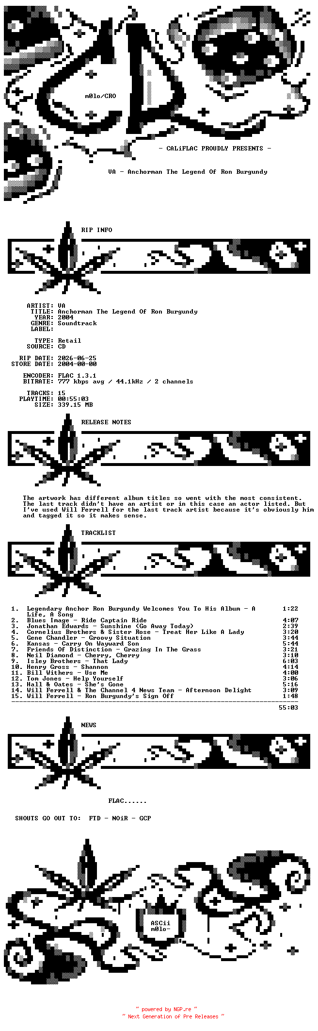 NFO for the release VA-Anchorman_The_Legend_Of_Ron_Burgundy-OST-CD-FLAC-2004-CALiFLAC by CALiFLAC