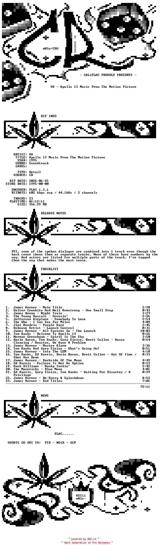 NFO for the release VA-Apollo_13_Music_From_The_Motion_Picture-OST-CD-FLAC-1995-CALiFLAC by CALiFLAC