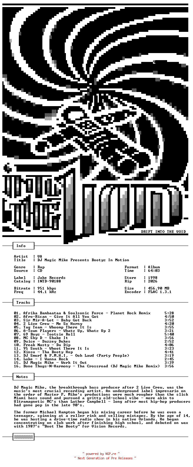 NFO for the release VA-DJ_Magic_Mike_Presents_Bootyz_In_Motion-CD-FLAC-1998-THEVOiD by THEVOiD