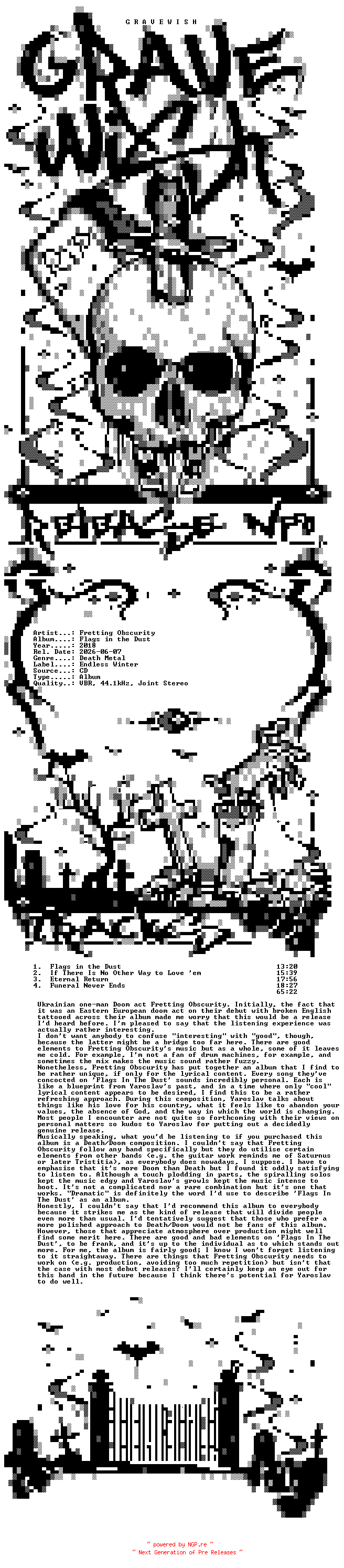 NFO for the release Fretting_Obscurity-Flags_in_the_Dust-CD-2018-GRAVEWISH by GRAVEWISH