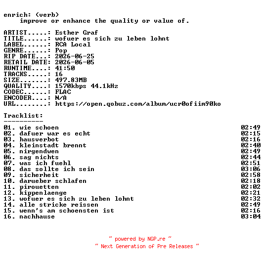 NFO for the release Esther_Graf-wofuer_es_sich_zu_leben_lohnt-DE-24BIT-WEB-FLAC-2026-ENRiCH by ENRiCH