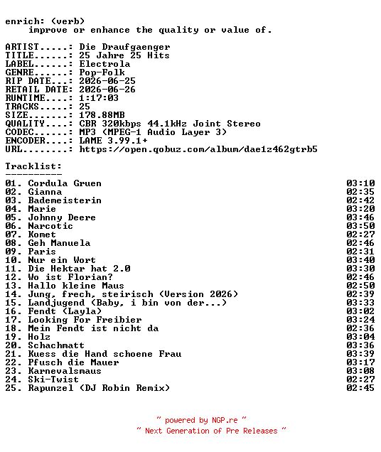 NFO for the release Die_Draufgaenger-25_Jahre_25_Hits-WEB-DE-2026-ENRiCH by ENRiCH