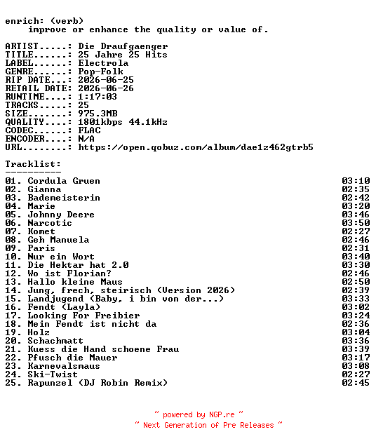 NFO for the release Die_Draufgaenger-25_Jahre_25_Hits-DE-24BIT-WEB-FLAC-2026-ENRiCH by ENRiCH