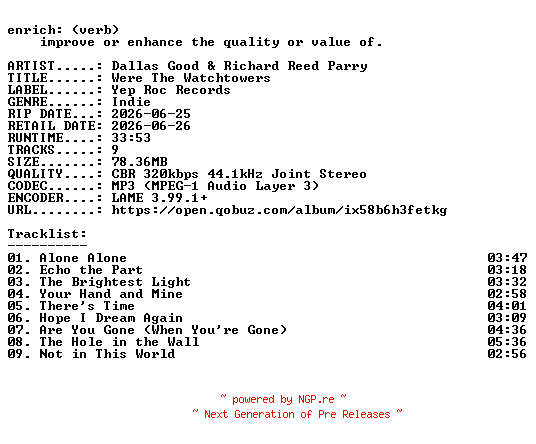 NFO for the release Dallas_Good_and_Richard_Reed_Parry-Were_The_Watchtowers-WEB-2026-ENRiCH by ENRiCH