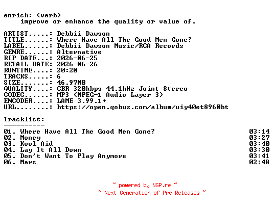 NFO for the release Debbii_Dawson-Where_Have_All_The_Good_Men_Gone-EP-WEB-2026-ENRiCH by ENRiCH