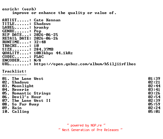 NFO for the release Cate_Kennan-Shadows-24BIT-WEB-FLAC-2026-ENRiCH by ENRiCH