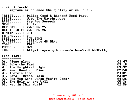 NFO for the release Dallas_Good_and_Richard_Reed_Parry-Were_The_Watchtowers-24BIT-WEB-FLAC-2026-ENRiCH by ENRiCH