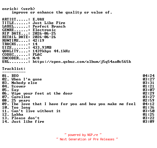 NFO for the release E.VAX-Just_Like_Fire-24BIT-WEB-FLAC-2026-ENRiCH by ENRiCH