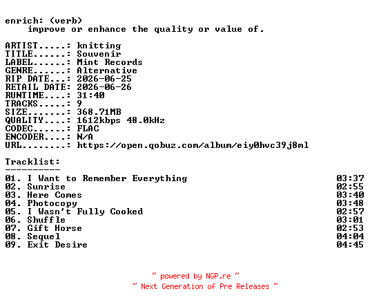 NFO for the release knitting-Souvenir-24BIT-WEB-FLAC-2026-ENRiCH by ENRiCH