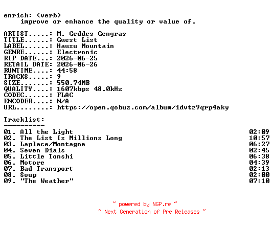 NFO for the release M._Geddes_Gengras-Guest_List-24BIT-WEB-FLAC-2026-ENRiCH by ENRiCH