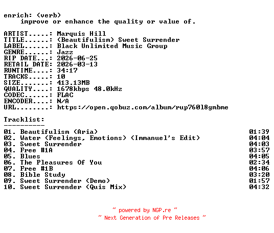 NFO for the release Marquis_Hill-(Beautifulism)_Sweet_Surrender-24BIT-WEB-FLAC-2026-ENRiCH by ENRiCH
