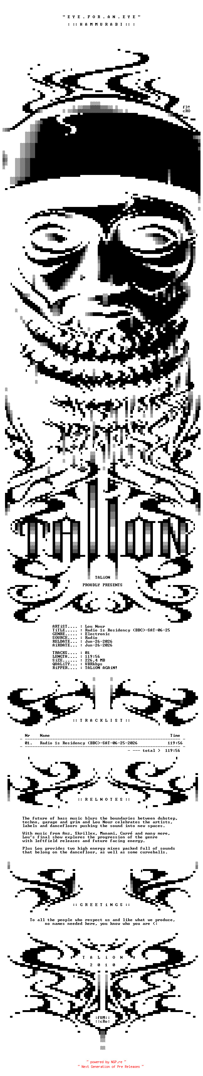 NFO for the release Lou_Nour_-_Radio_1s_Residency_(BBC)-SAT-06-25-2026-TALiON by TALiON