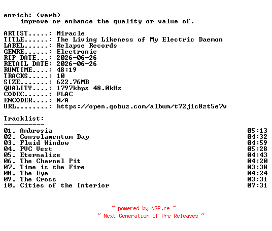 NFO for the release Miracle-The_Living_Likeness_of_My_Electric_Daemon-24BIT-WEB-FLAC-2026-ENRiCH by ENRiCH