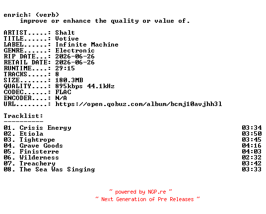 NFO for the release Shalt-Votive-16BIT-WEB-FLAC-2026-ENRiCH by ENRiCH